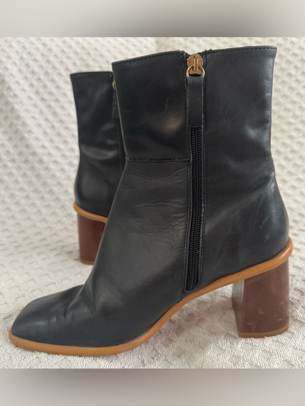 ALOHAS West Black Vintage Leather Square Toe Ankle Boots Brown Heel EU 38 US 7.5 - Picture 12 of 16